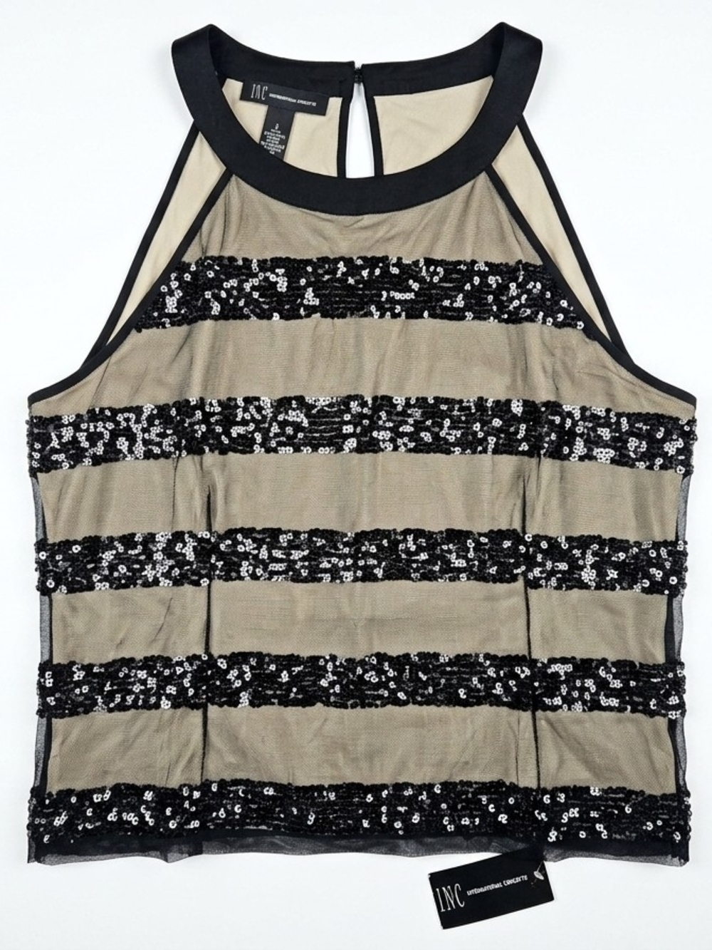 INC International Concepts Black Sequin Striped Mesh Halter Top